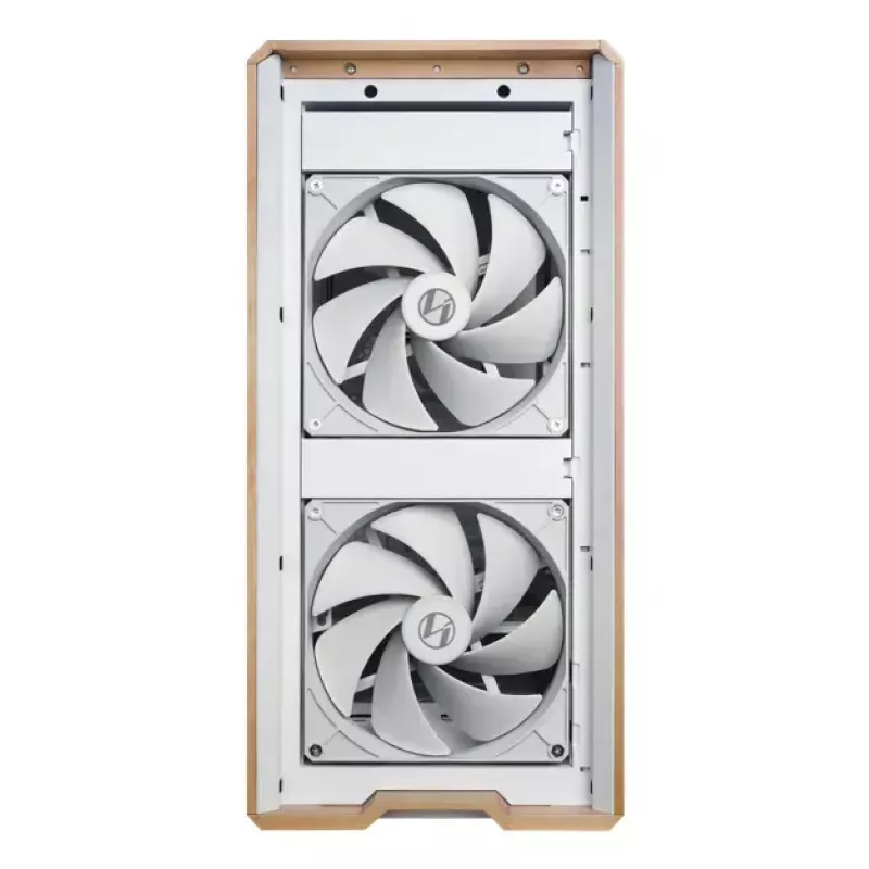 PC korpusas Lian Li Lancool 217 Midi Tower — balta & mediena, palaiko ATX/EATX/Micro-ITX, 2x120mm priekyje, 1x140mm gale, 1×3,5 colio + 8×2,5 colio