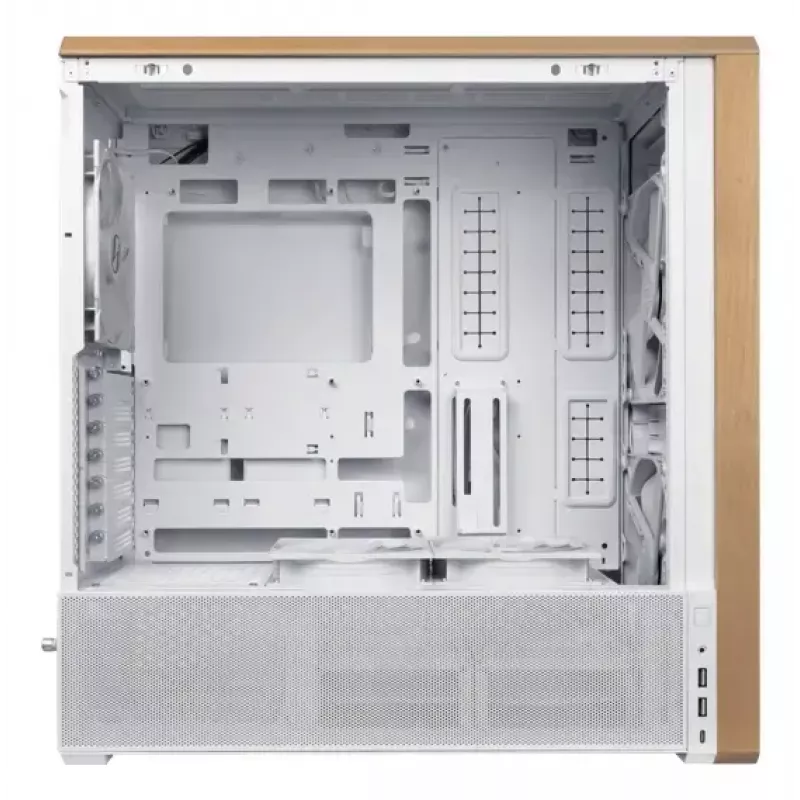 PC korpusas Lian Li Lancool 217 Midi Tower — balta & mediena, palaiko ATX/EATX/Micro-ITX, 2x120mm priekyje, 1x140mm gale, 1×3,5 colio + 8×2,5 colio