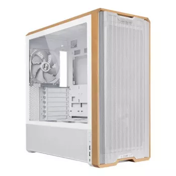 PC korpusas Lian Li Lancool 217 Midi Tower — balta & mediena, palaiko ATX/EATX/Micro-ITX, 2x120mm priekyje, 1x140mm gale, 1×3,5 colio + 8×2,5 colio