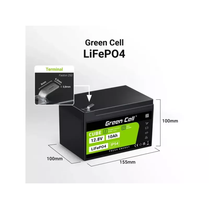 Pramoninė įkraunama baterija Green Cell LFPGC12V10AH 12,8V 10Ah LiFePO4, 155x100x100 mm, 2 kg