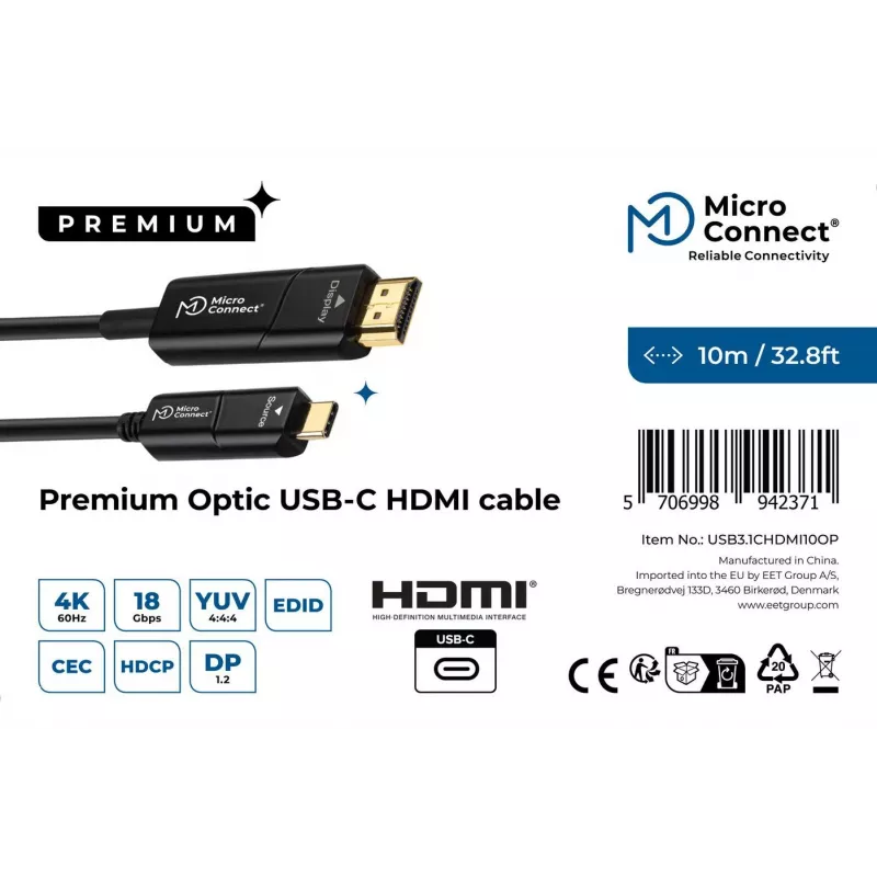 MicroConnect USB3.1CHDMI10OP aktyvus optinis USB-C į HDMI vaizdo kabelis 10 m juodas