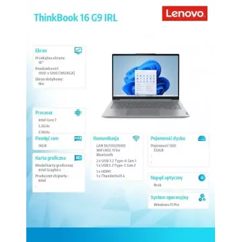 Lenovo ThinkBook 16 G9 IRL 21US007PPB 16 colių WUXGA IPS nešiojamas kompiuteris, Intel Core 7 240H, 16GB RAM, 512GB SSD, Intel Graphics, Windows 11 Pro