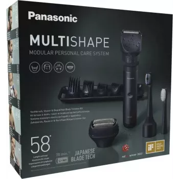 Kelioninis trimeris Panasonic X-Shape Travel – mėlynas, ličio jonų baterija, įmontuotas, keli priedai (barzdos, kūno, plaukų, skutimo folija, dantų šepetėlis), 1–30 mm, 196×49×43 mm