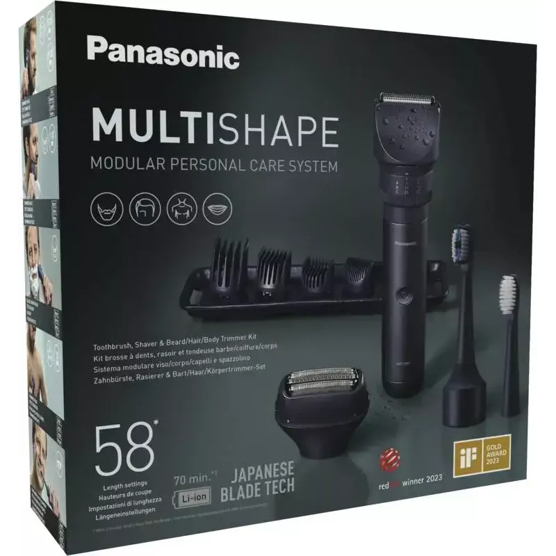 Kelioninis trimeris Panasonic X-Shape Travel – mėlynas, ličio jonų baterija, įmontuotas, keli priedai (barzdos, kūno, plaukų, skutimo folija, dantų šepetėlis), 1–30 mm, 196×49×43 mm