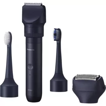 Kelioninis trimeris Panasonic X-Shape Travel – mėlynas, ličio jonų baterija, įmontuotas, keli priedai (barzdos, kūno, plaukų, skutimo folija, dantų šepetėlis), 1–30 mm, 196×49×43 mm