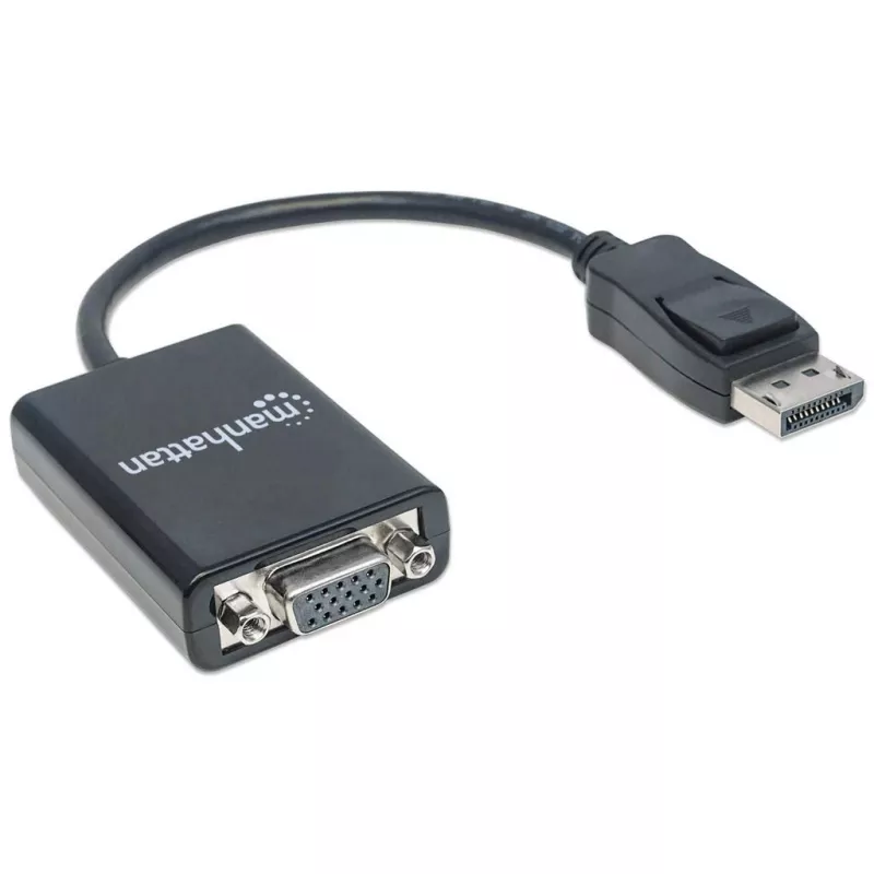 Manhattan DisplayPort į VGA HD15 keitiklio laidas, 15 cm, kištukas į lizdą, aktyvus, DP su užraktu, juodas, garantija visam laikui
