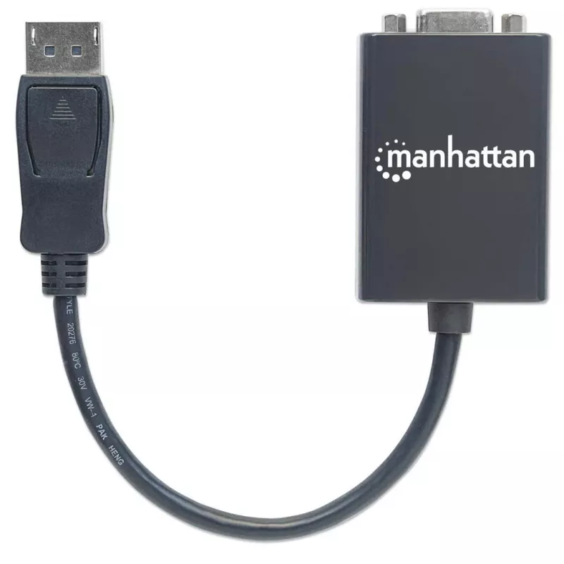 Manhattan DisplayPort į VGA HD15 keitiklio laidas, 15 cm, kištukas į lizdą, aktyvus, DP su užraktu, juodas, garantija visam laikui