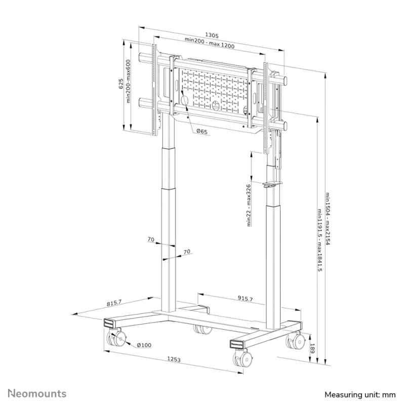 Televizoriaus stovas Neomounts FL55-975BL1 motorizuotas 75–115 colių ekranams, plieninis, juodas, max 160 kg, aukštis 2154 mm