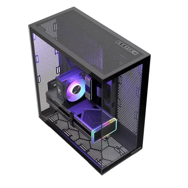 Full-Tower korpusas MODECOM Volcano SPACE XL NF — juodas, grūdintas stiklas, ARGB, palaiko micro-ATX, iki 44 cm GPU, 3×3,5 colio/4×2,5 colio vietos, USB-A 2×, USB-C 1×