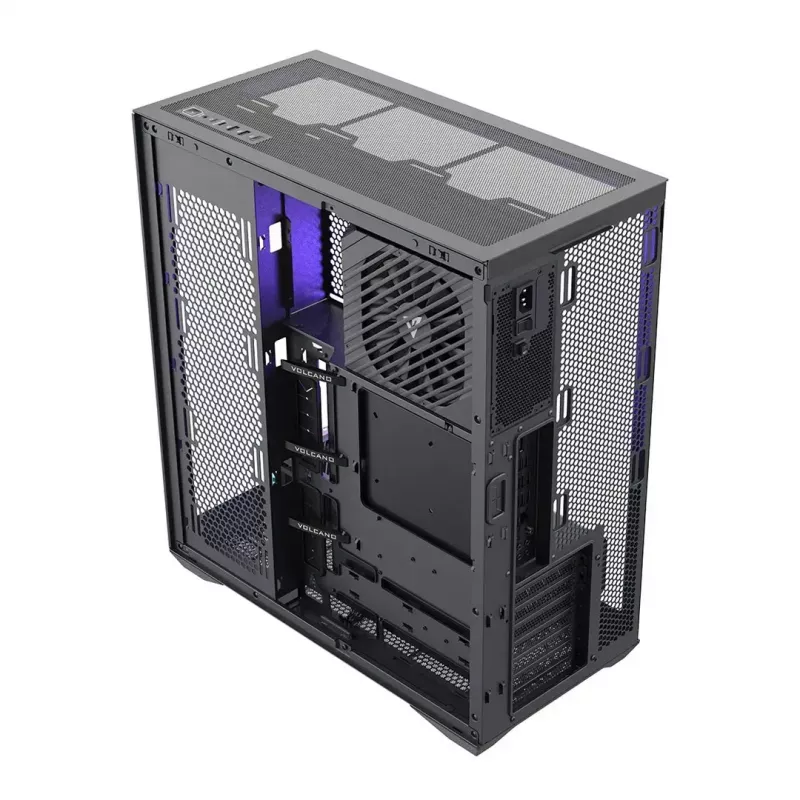 Full-Tower korpusas MODECOM Volcano SPACE XL NF — juodas, grūdintas stiklas, ARGB, palaiko micro-ATX, iki 44 cm GPU, 3×3,5 colio/4×2,5 colio vietos, USB-A 2×, USB-C 1×