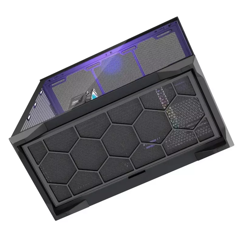 Full-Tower korpusas MODECOM Volcano SPACE XL NF — juodas, grūdintas stiklas, ARGB, palaiko micro-ATX, iki 44 cm GPU, 3×3,5 colio/4×2,5 colio vietos, USB-A 2×, USB-C 1×