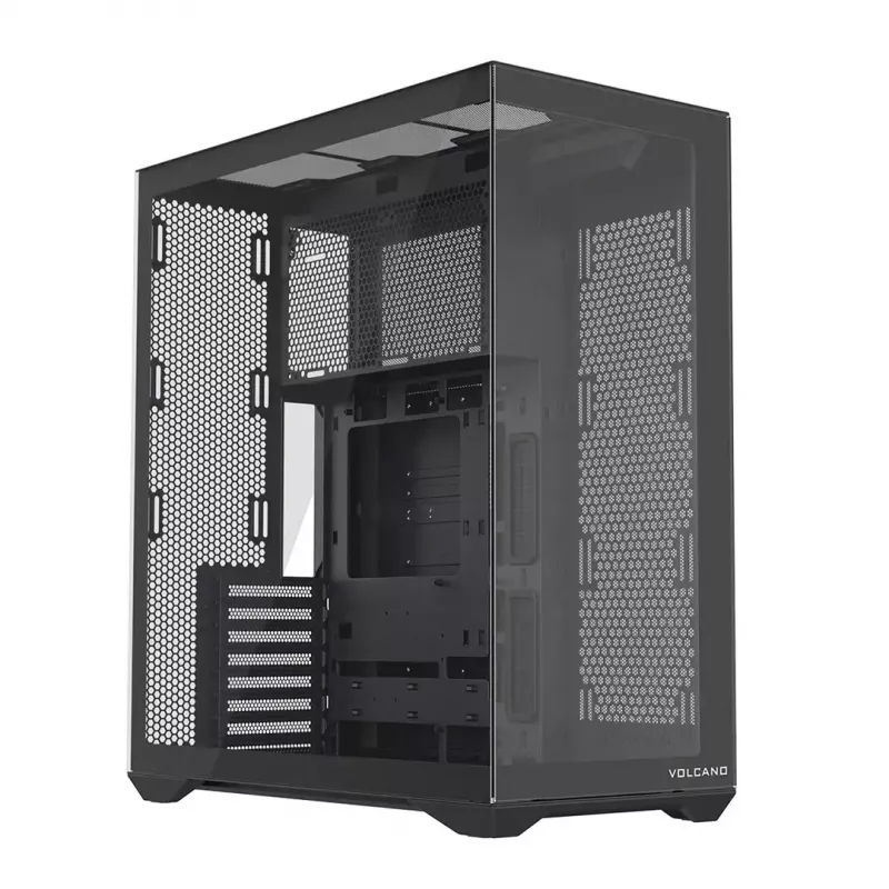 Full-Tower korpusas MODECOM Volcano SPACE XL NF — juodas, grūdintas stiklas, ARGB, palaiko micro-ATX, iki 44 cm GPU, 3×3,5 colio/4×2,5 colio vietos, USB-A 2×, USB-C 1×