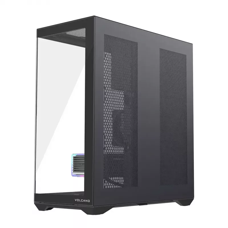 Full-Tower korpusas MODECOM Volcano SPACE XL NF — juodas, grūdintas stiklas, ARGB, palaiko micro-ATX, iki 44 cm GPU, 3×3,5 colio/4×2,5 colio vietos, USB-A 2×, USB-C 1×