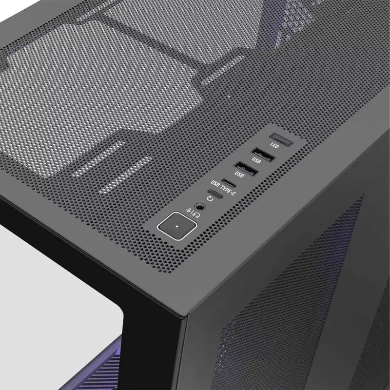 Full-Tower korpusas MODECOM Volcano SPACE XL NF — juodas, grūdintas stiklas, ARGB, palaiko micro-ATX, iki 44 cm GPU, 3×3,5 colio/4×2,5 colio vietos, USB-A 2×, USB-C 1×