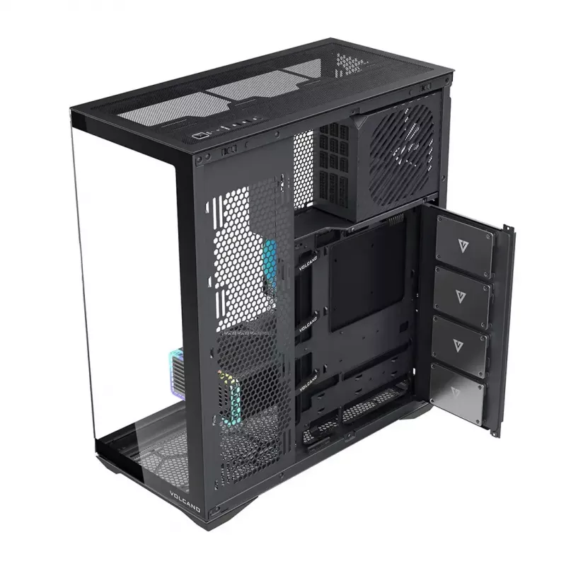 Full-Tower korpusas MODECOM Volcano SPACE XL NF — juodas, grūdintas stiklas, ARGB, palaiko micro-ATX, iki 44 cm GPU, 3×3,5 colio/4×2,5 colio vietos, USB-A 2×, USB-C 1×