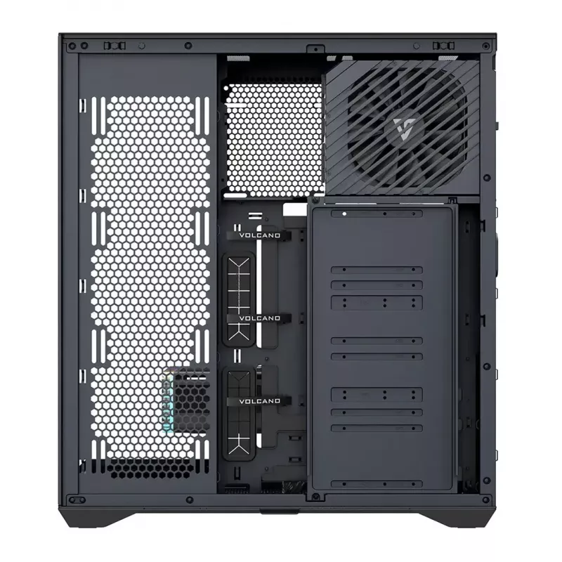 Full-Tower korpusas MODECOM Volcano SPACE XL NF — juodas, grūdintas stiklas, ARGB, palaiko micro-ATX, iki 44 cm GPU, 3×3,5 colio/4×2,5 colio vietos, USB-A 2×, USB-C 1×