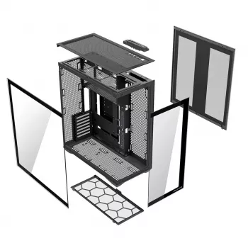 Full-Tower korpusas MODECOM Volcano SPACE XL NF — juodas, grūdintas stiklas, ARGB, palaiko micro-ATX, iki 44 cm GPU, 3×3,5 colio/4×2,5 colio vietos, USB-A 2×, USB-C 1×