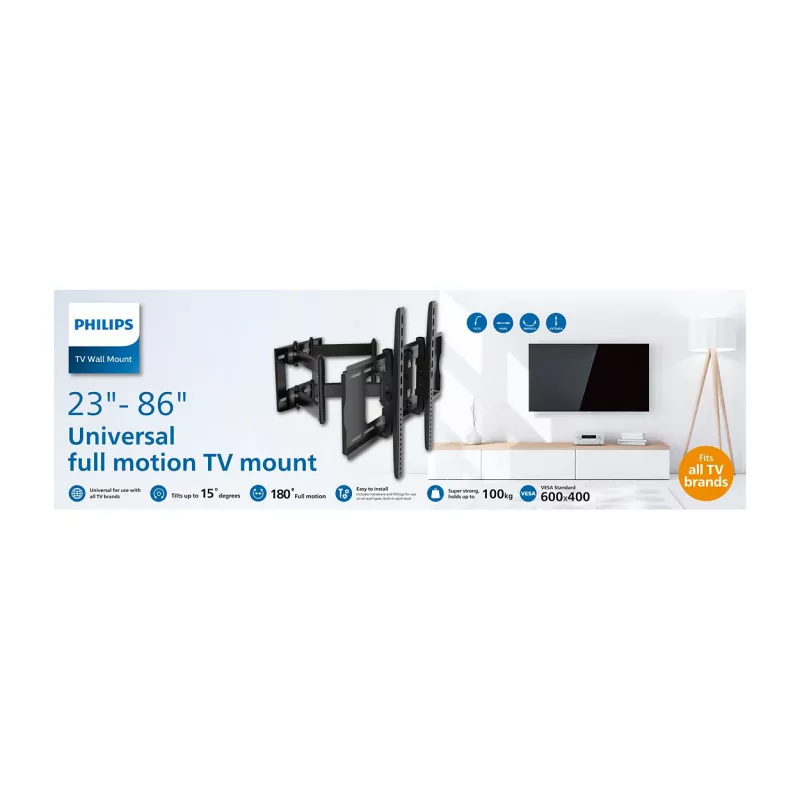Galinis TV stovas Philips SQM9640/00, 58,4 cm–2,18 m (23–86 col.), iki 55 kg, VESA 200x100–600x400, pakreipimas ±15°, pasukimas 180° – juodas