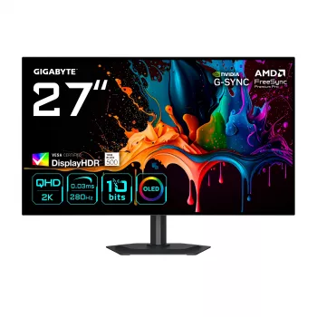 GIGABYTE MO27Q28G 27 colių OLED QHD žaidimų monitorius - 2560 x 1440, 280Hz, 0.03ms, 335 cd/m², Display HDR True Black 500, HDMI 2.1, Displayport 1.4