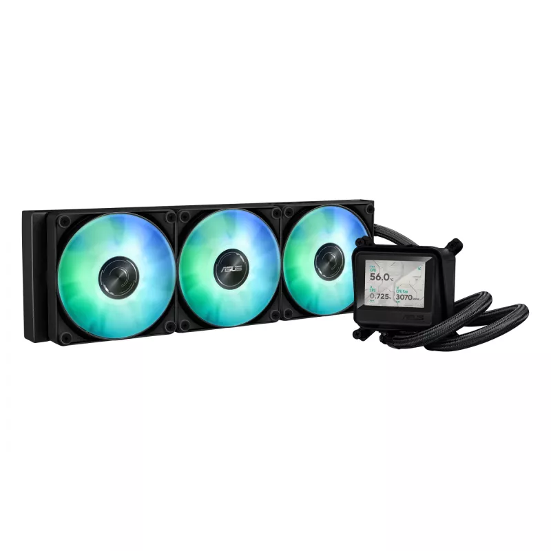 Skysčio aušintuvas ASUS MAX GAMING LC 360 ARGB LCD — 360 mm radiatorius, 120 mm ventiliatoriai, AM4/AM5/LGA1700, juodas
