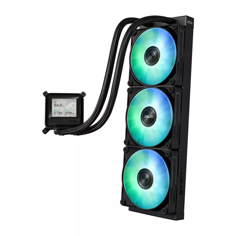 Skysčio aušintuvas ASUS MAX GAMING LC 360 ARGB LCD — 360 mm radiatorius, 120 mm ventiliatoriai, AM4/AM5/LGA1700, juodas