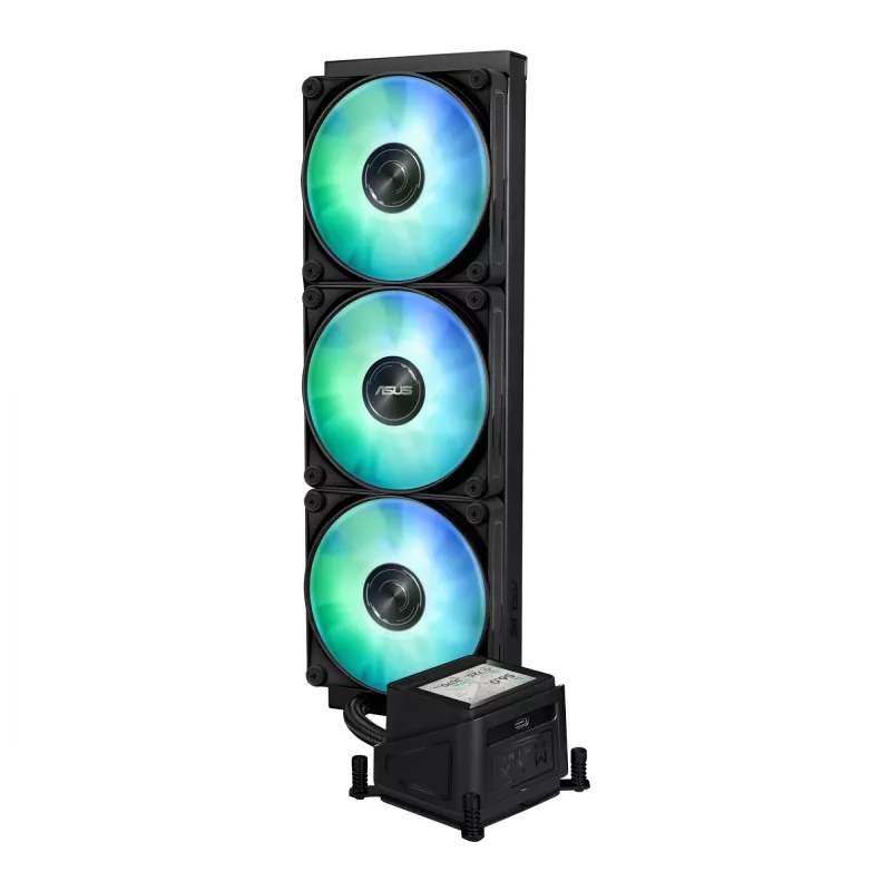 Skysčio aušintuvas ASUS MAX GAMING LC 360 ARGB LCD — 360 mm radiatorius, 120 mm ventiliatoriai, AM4/AM5/LGA1700, juodas
