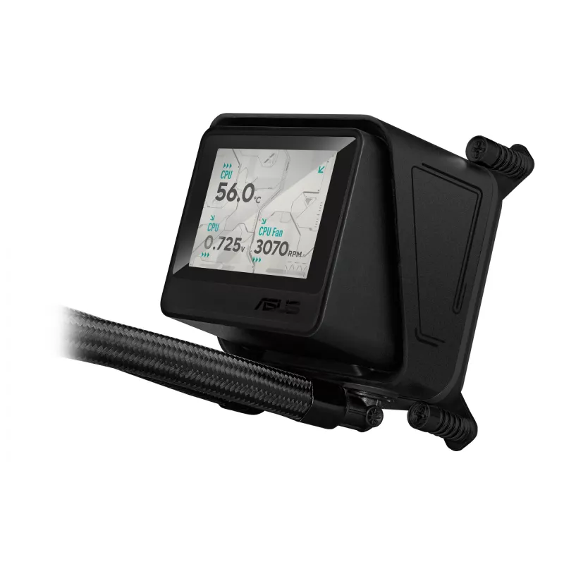 Skysčio aušintuvas ASUS MAX GAMING LC 360 ARGB LCD — 360 mm radiatorius, 120 mm ventiliatoriai, AM4/AM5/LGA1700, juodas