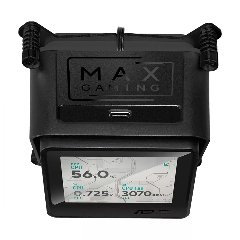 Skysčio aušintuvas ASUS MAX GAMING LC 360 ARGB LCD — 360 mm radiatorius, 120 mm ventiliatoriai, AM4/AM5/LGA1700, juodas