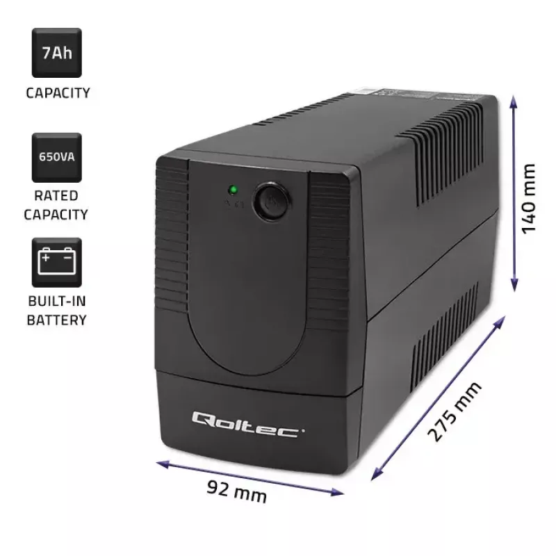 Nepertraukiamo maitinimo šaltinis QOLTEC 53773 0,85 kVA (480 W) Line-Interactive, 1x E tipo lizdas, 7 Ah baterija