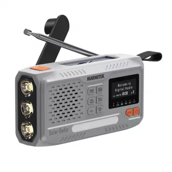 Nešiojamas sukamasis radijas Marmitek RESQ 100 — DAB/DAB+/FM, 3 W, LCD, USB‑C, 3,5 mm lizdas, šviesiai pilka