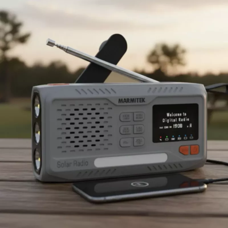 Nešiojamas sukamasis radijas Marmitek RESQ 100 — DAB/DAB+/FM, 3 W, LCD, USB‑C, 3,5 mm lizdas, šviesiai pilka