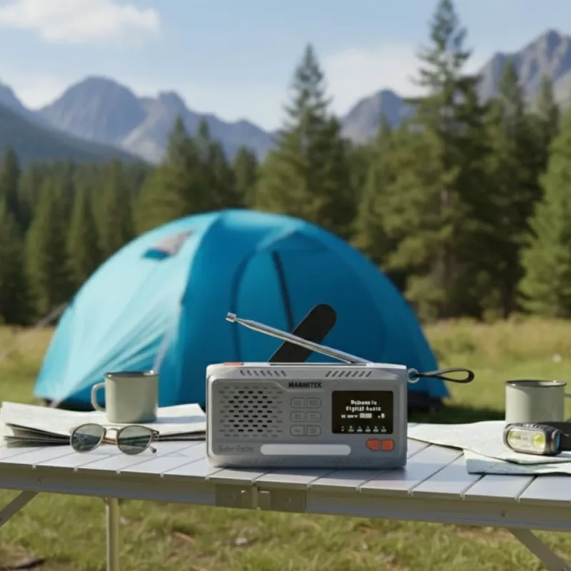 Nešiojamas sukamasis radijas Marmitek RESQ 100 — DAB/DAB+/FM, 3 W, LCD, USB‑C, 3,5 mm lizdas, šviesiai pilka