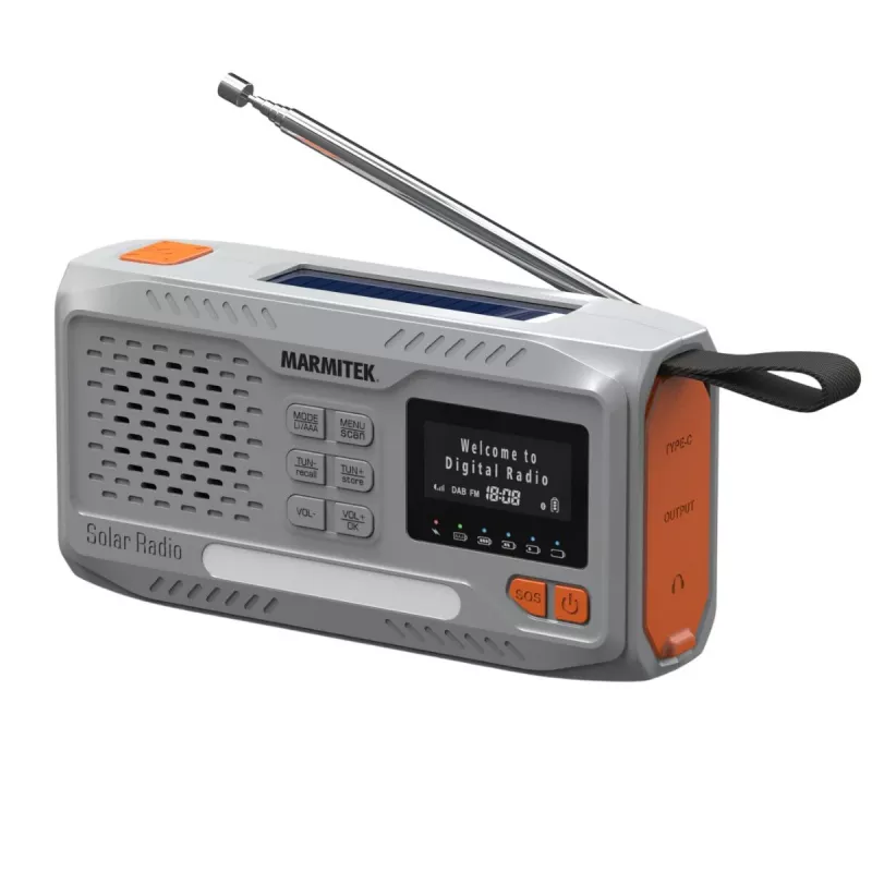 Nešiojamas sukamasis radijas Marmitek RESQ 100 — DAB/DAB+/FM, 3 W, LCD, USB‑C, 3,5 mm lizdas, šviesiai pilka