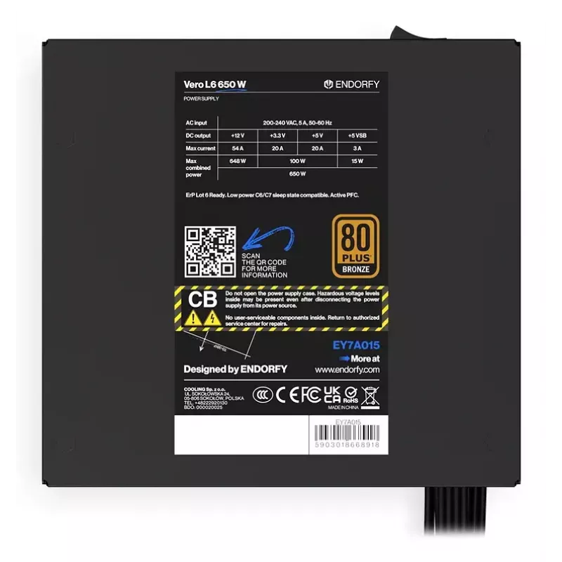 Maitinimo blokas ENDORFY Vero L6 650 W ATX 24 kontaktų, 80 PLUS Bronze, 120 mm ventiliatorius, juodas