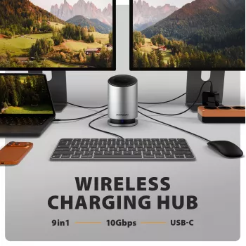 AXAGON HMC-WL9 USB-C 9-in-1 Docking Hub su 10 Gbps, 100W PD, 8K HDMI, Ethernet, belaidžiu įkrovimu