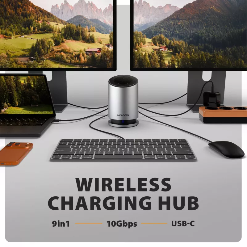 AXAGON HMC-WL9 USB-C 9-in-1 Docking Hub su 10 Gbps, 100W PD, 8K HDMI, Ethernet, belaidžiu įkrovimu