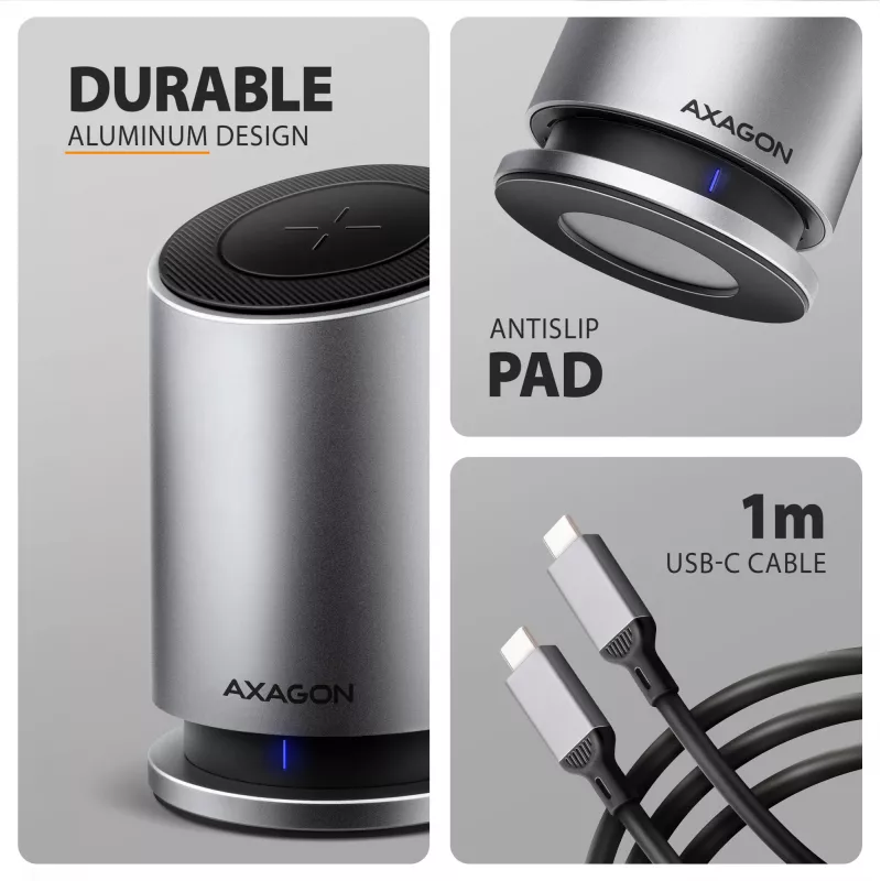 AXAGON HMC-WL9 USB-C 9-in-1 Docking Hub su 10 Gbps, 100W PD, 8K HDMI, Ethernet, belaidžiu įkrovimu