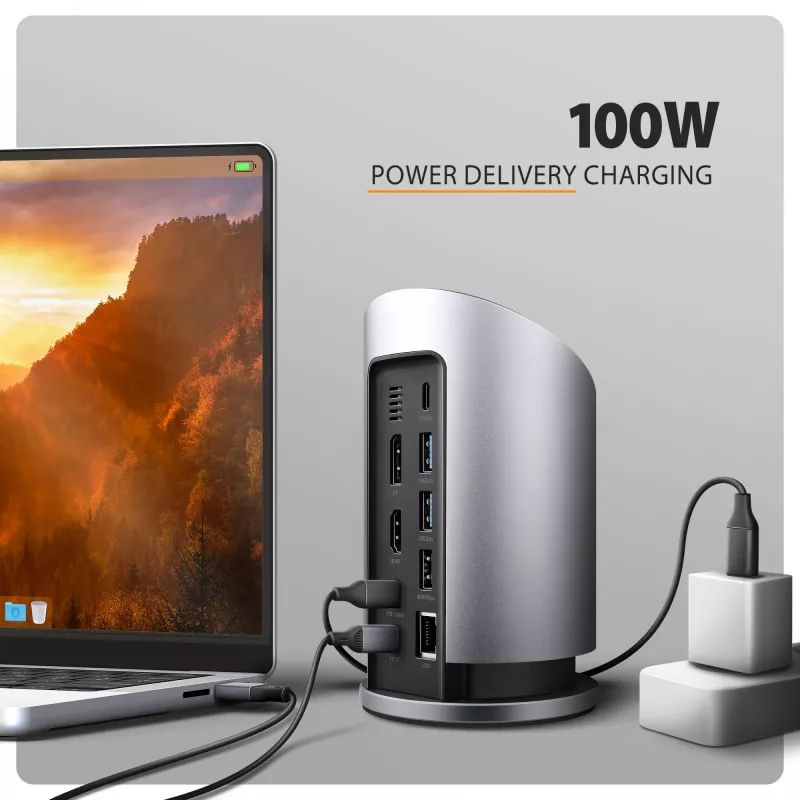 AXAGON HMC-WL9 USB-C 9-in-1 Docking Hub su 10 Gbps, 100W PD, 8K HDMI, Ethernet, belaidžiu įkrovimu