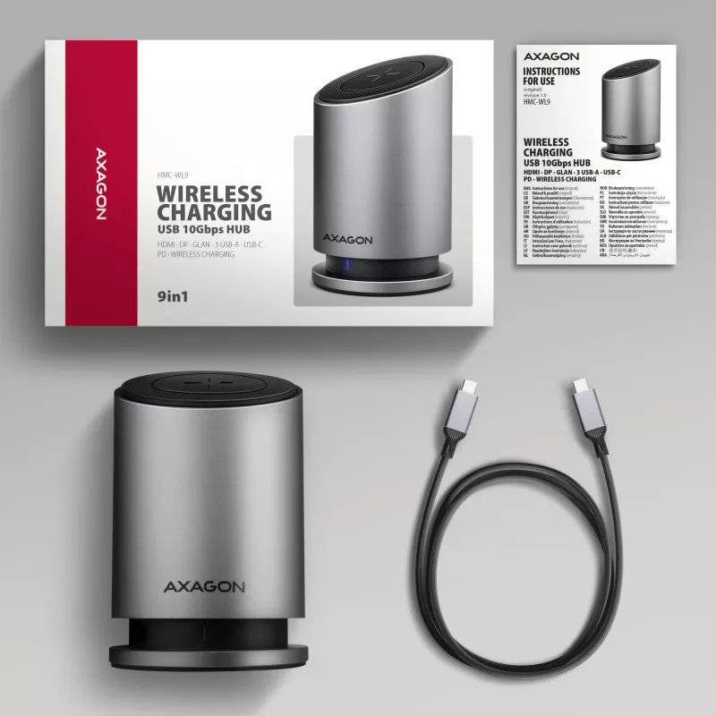 AXAGON HMC-WL9 USB-C 9-in-1 Docking Hub su 10 Gbps, 100W PD, 8K HDMI, Ethernet, belaidžiu įkrovimu