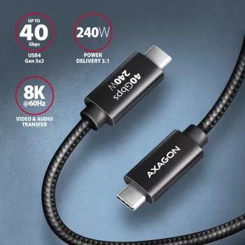 USB-C į USB-C laidas AXAGON BUCM4X-CM05AB — USB4 Gen 3x2, 40 Gbit/s, 240 W, 0,5 m, juodas