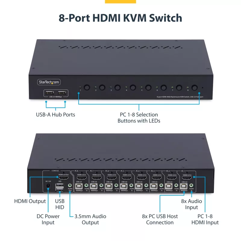 StarTech.com 8 prievadų HDMI KVM jungiklis su 1U stovo montavimo komplektu, 4K 60Hz HDMI 2.0, mygtukų ir klavišų perjungimas, 4 prievadų USB šakotuvas, nepriklausomas nuo OS, atitinka TAA