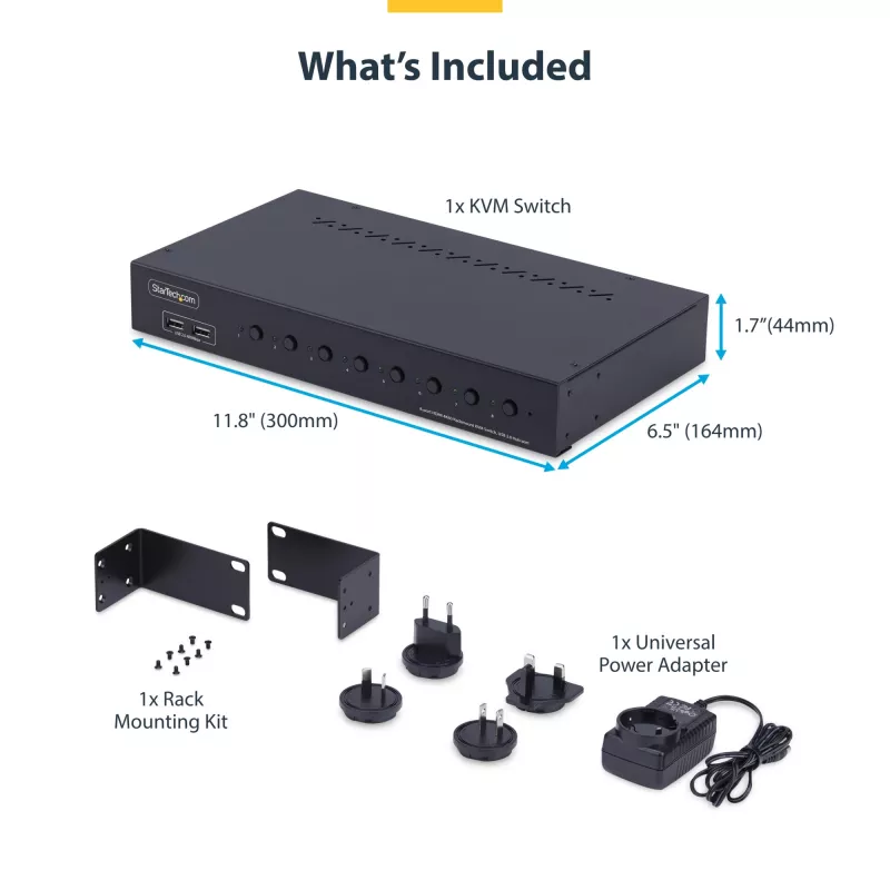 StarTech.com 8 prievadų HDMI KVM jungiklis su 1U stovo montavimo komplektu, 4K 60Hz HDMI 2.0, mygtukų ir klavišų perjungimas, 4 prievadų USB šakotuvas, nepriklausomas nuo OS, atitinka TAA