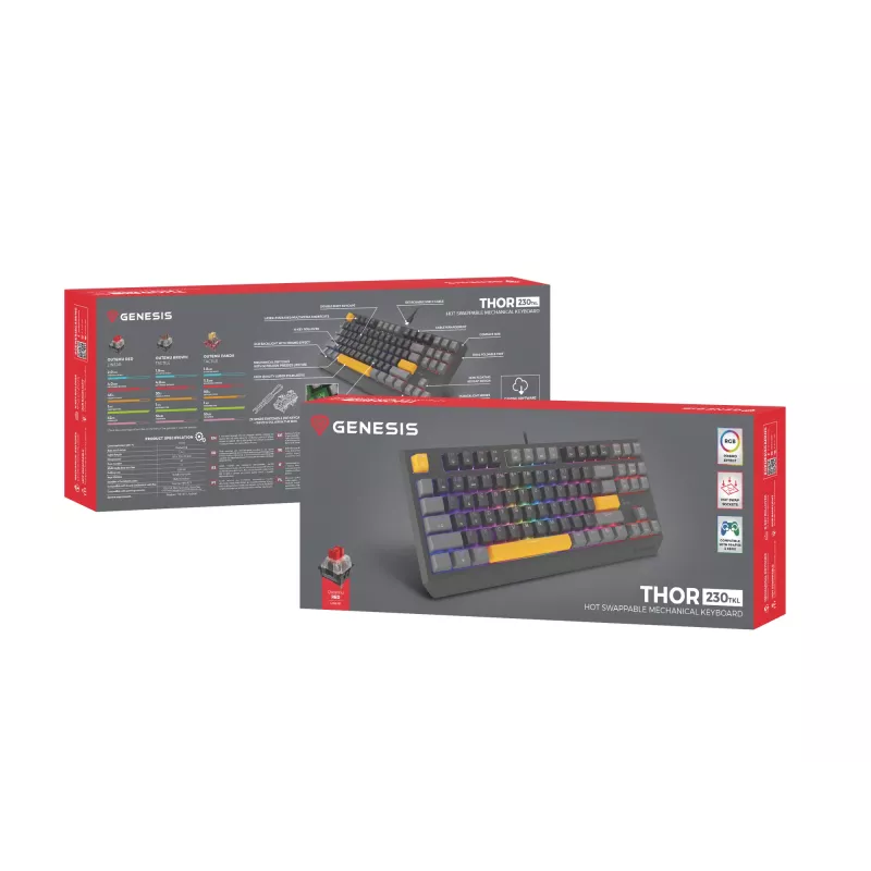 GENESIS Thor 230 TKL klaviatūra žaidimams USB + RF belaidis + Bluetooth QWERTY juoda, pilka, oranžinė
