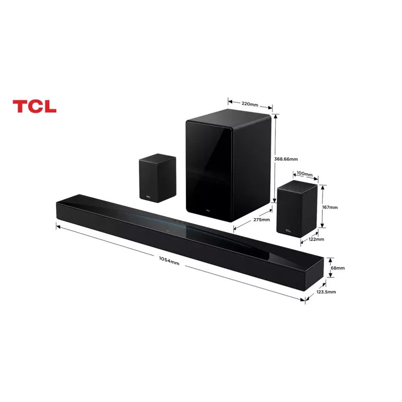 TCL Q Q85H Class 7.1.4 kanalų garso juosta su Dolby Atmos, belaidžiu žemų dažnių garsiakalbiu ir belaidžiais aplinkos garsiakalbiais