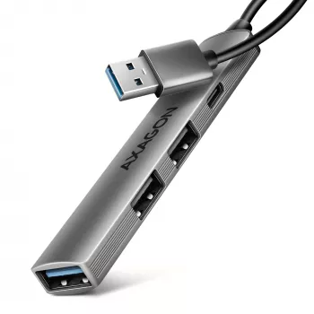 USB šakotuvas AXAGON HUE-STA — aliuminė juostelė su 4 prievadais, 1× USB-A 5Gbps + 2× USB-A ir 1× USB-C 480Mbps, USB-A pagrindinis, pilka