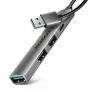 USB šakotuvas AXAGON HUE-STA — aliuminė juostelė su 4 prievadais, 1× USB-A 5Gbps + 2× USB-A ir 1× USB-C 480Mbps, USB-A pagrindinis, pilka
