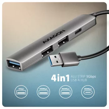 USB šakotuvas AXAGON HUE-STA — aliuminė juostelė su 4 prievadais, 1× USB-A 5Gbps + 2× USB-A ir 1× USB-C 480Mbps, USB-A pagrindinis, pilka