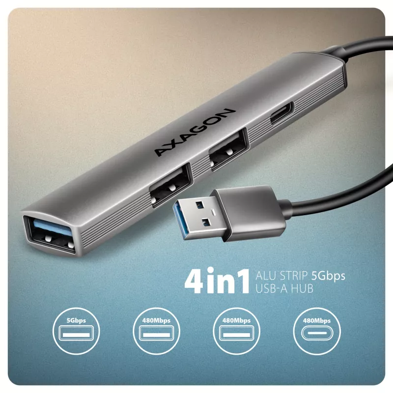 USB šakotuvas AXAGON HUE-STA — aliuminė juostelė su 4 prievadais, 1× USB-A 5Gbps + 2× USB-A ir 1× USB-C 480Mbps, USB-A pagrindinis, pilka