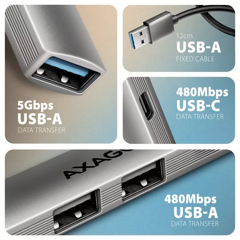 USB šakotuvas AXAGON HUE-STA — aliuminė juostelė su 4 prievadais, 1× USB-A 5Gbps + 2× USB-A ir 1× USB-C 480Mbps, USB-A pagrindinis, pilka