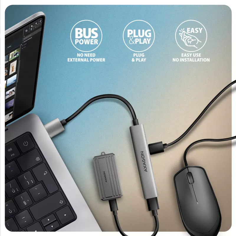 USB šakotuvas AXAGON HUE-STA — aliuminė juostelė su 4 prievadais, 1× USB-A 5Gbps + 2× USB-A ir 1× USB-C 480Mbps, USB-A pagrindinis, pilka